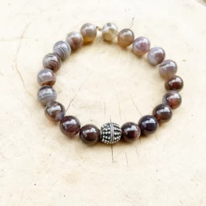 🟤 Bracelet Harmonie & Élégance – Agate du Botswana & Perle d’Argent